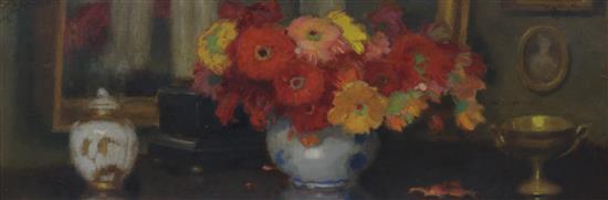 Polish School, oil on board, still life of flowers on a mantelpiece, indistinctly signed, 33 x 78cm